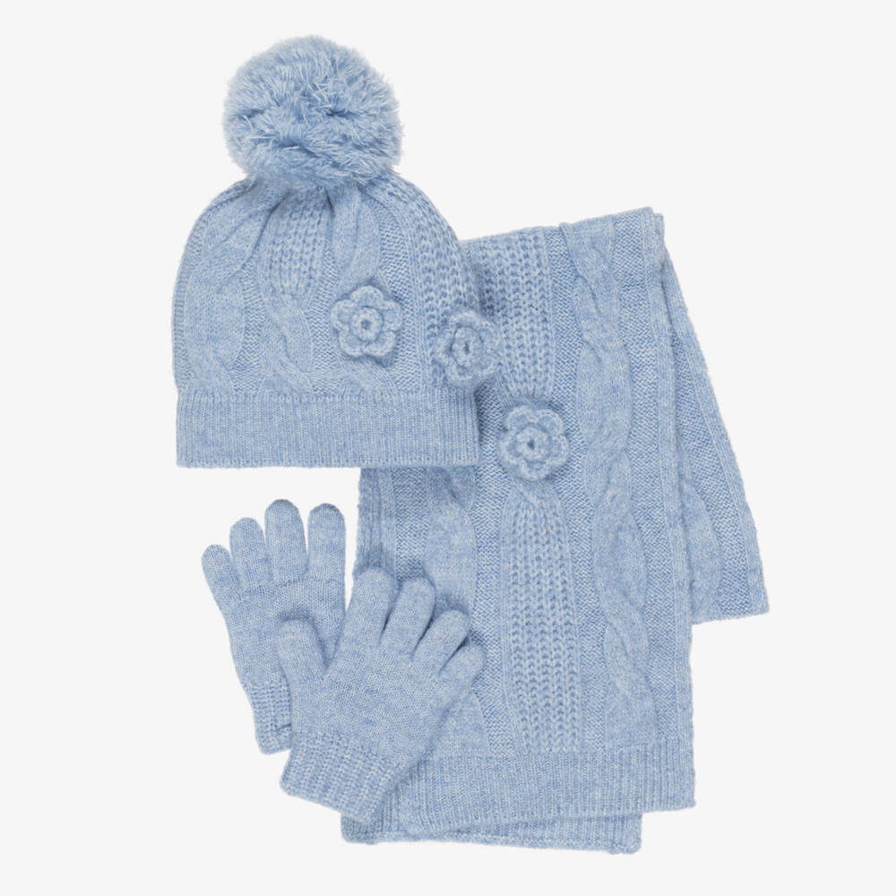 Mayoral-Girls Blue Cable Knit Hat & Scarf Set with Gloves | Childrensalon