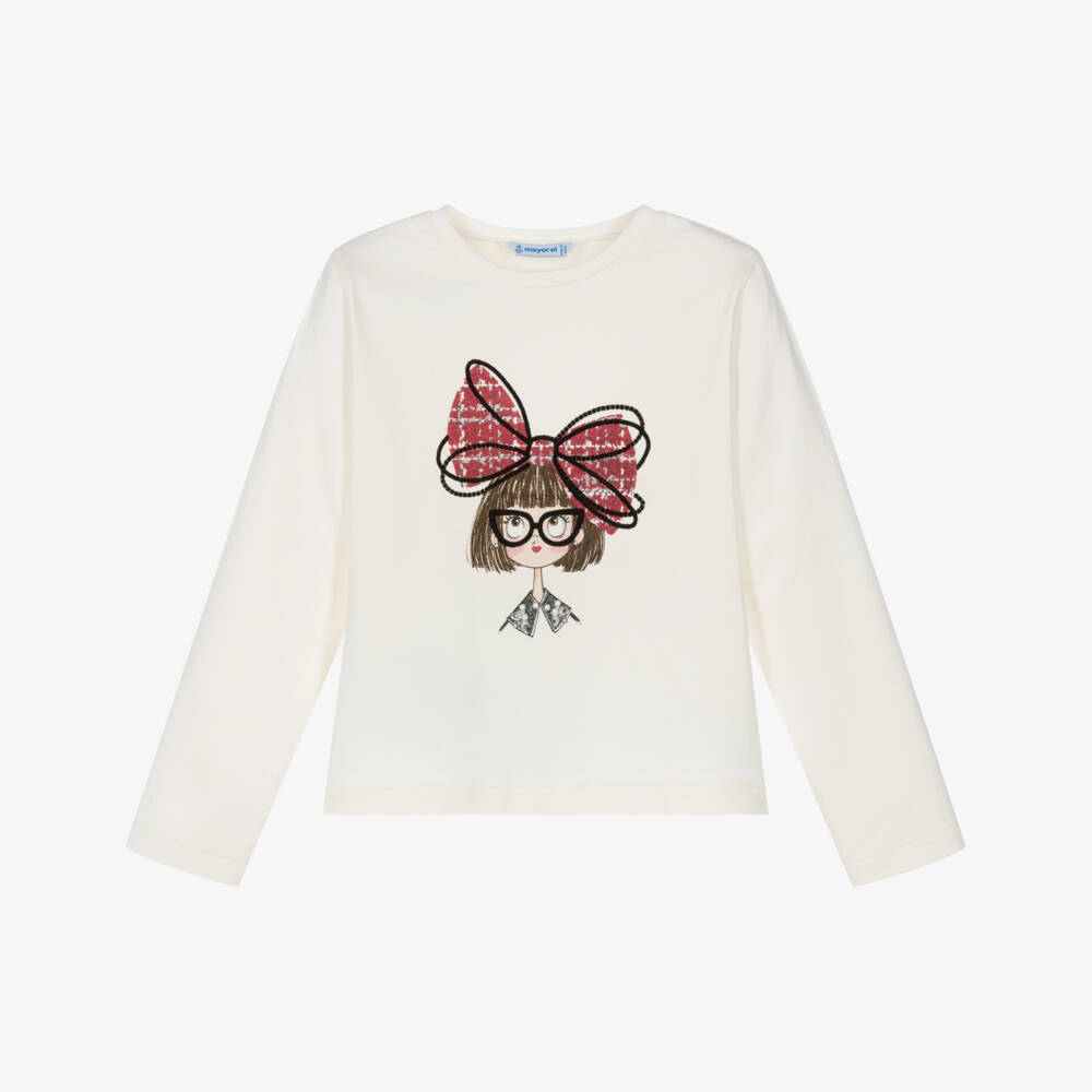 Mayoral-Girls Cream Cotton Jersey Graphic Print Top | Childrensalon