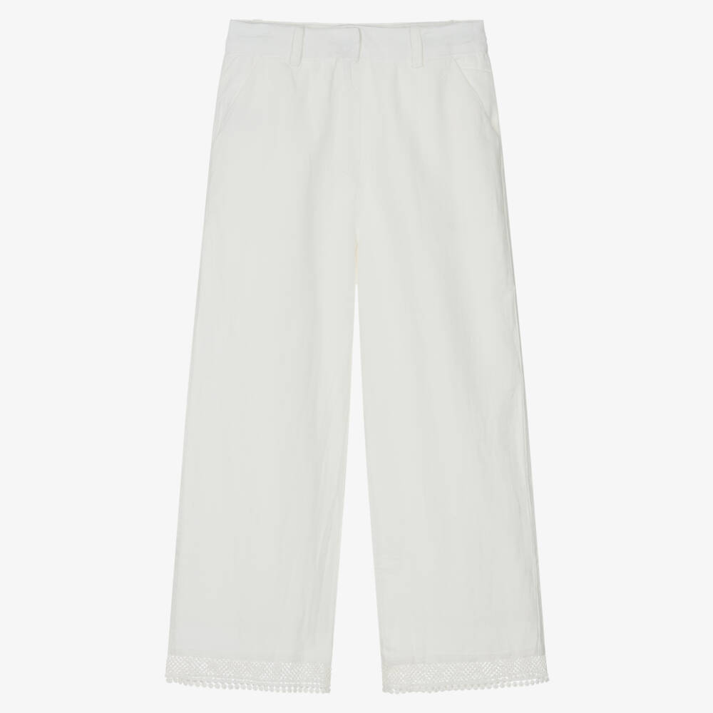 Mayoral-Girls Ivory Wide-Leg Trousers with Openwork Lace Trims | Childrensalon
