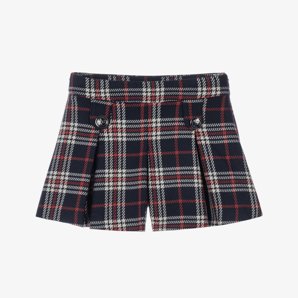 Mayoral-Girls Navy Blue & Red Check Skort with Pleats | Childrensalon