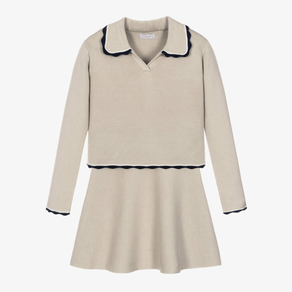 Mayoral-Girls Pale Beige Knitted Skirt Set | Childrensalon