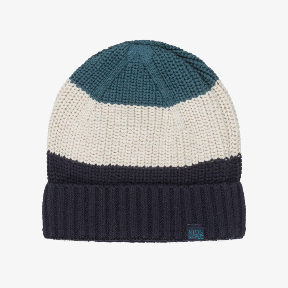 Mayoral-Navy Blue & Green Cotton Knitted Beanie Hat | Childrensalon
