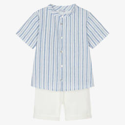 Mebi-Boys Blue & White Striped Cotton Shorts Set | Childrensalon