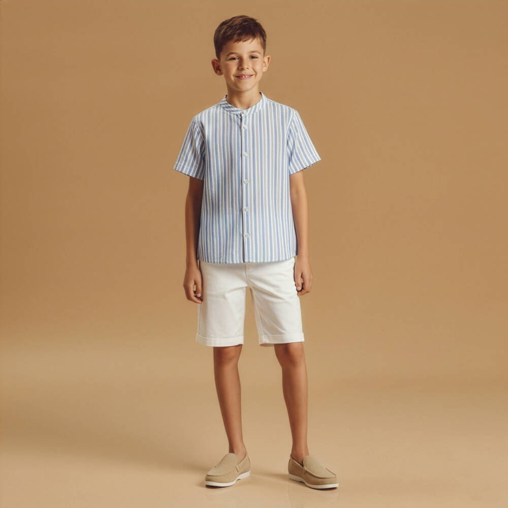 Mebi-Boys Blue & White Striped Cotton Shorts Set | Childrensalon