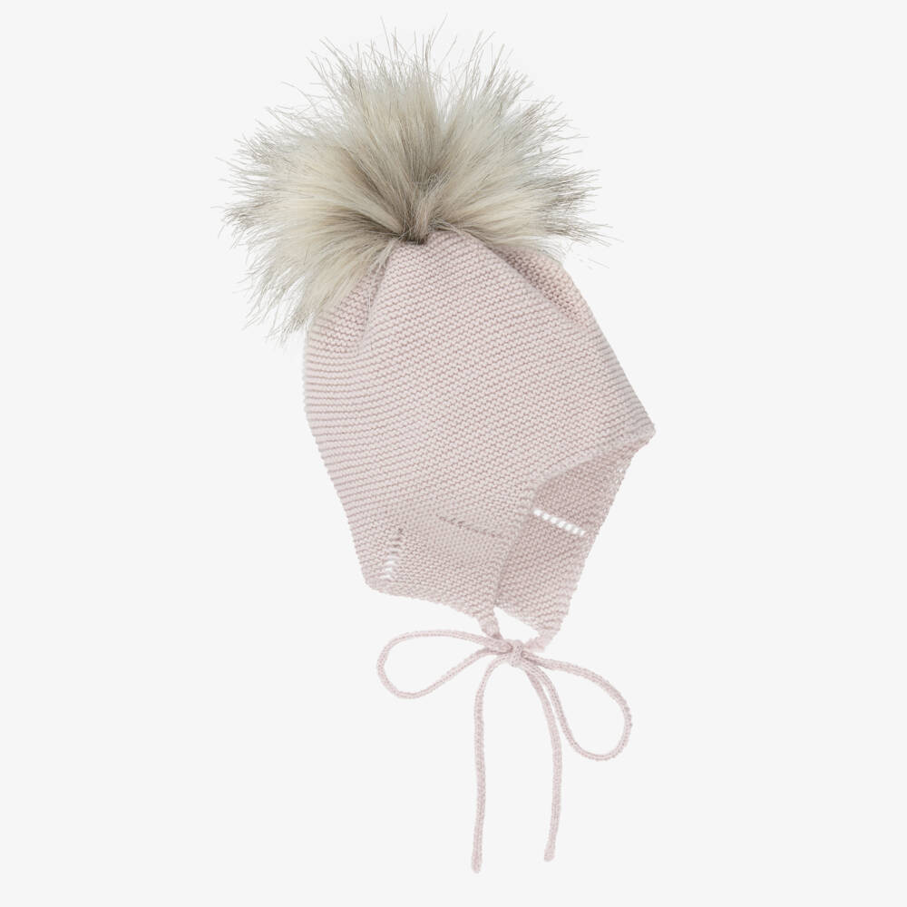 Mebi-Girls Pink Knitted Hat With Faux Fur Pom-Pom | Childrensalon