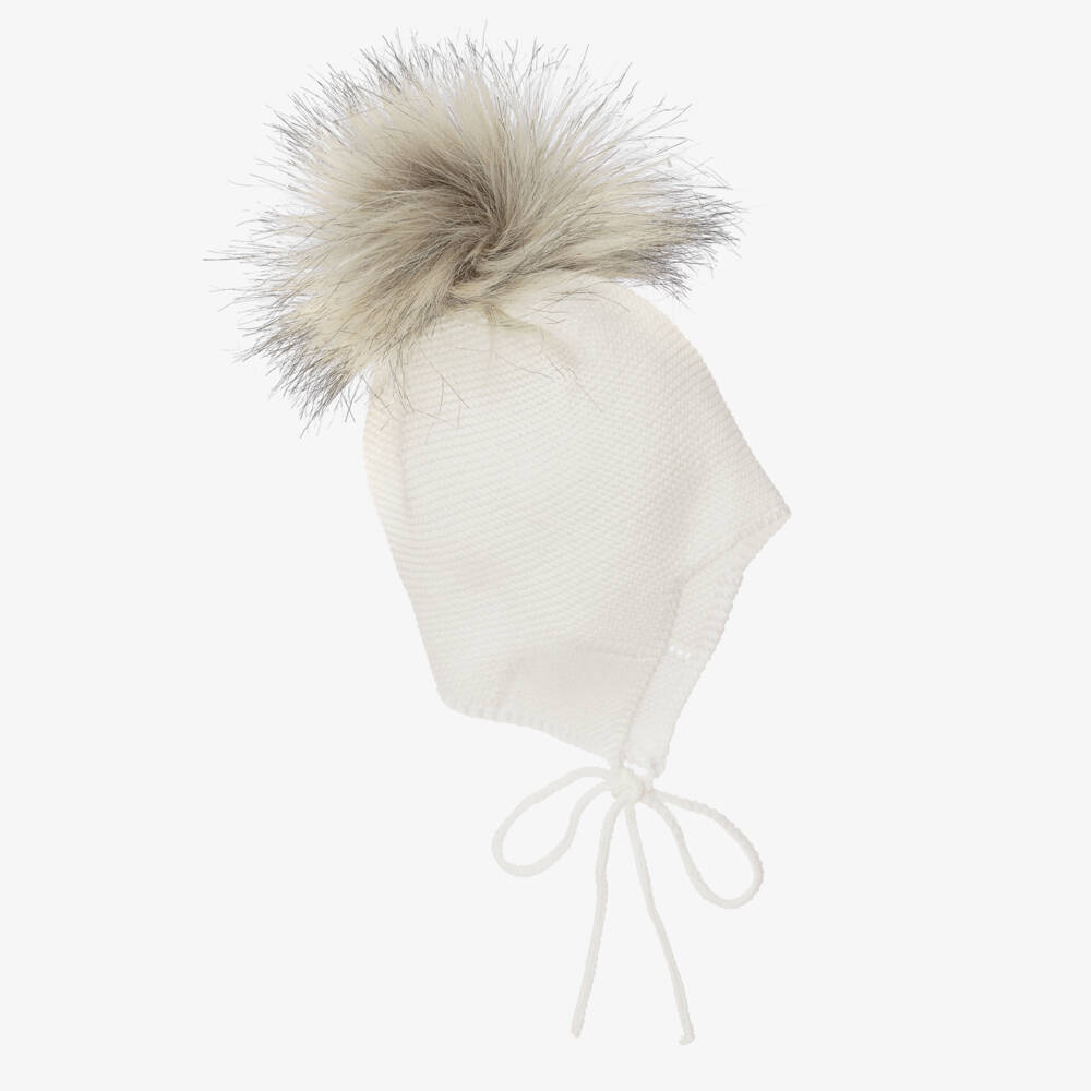 Mebi-Ivory Knitted Hat With Faux Fur Pom-Pom | Childrensalon