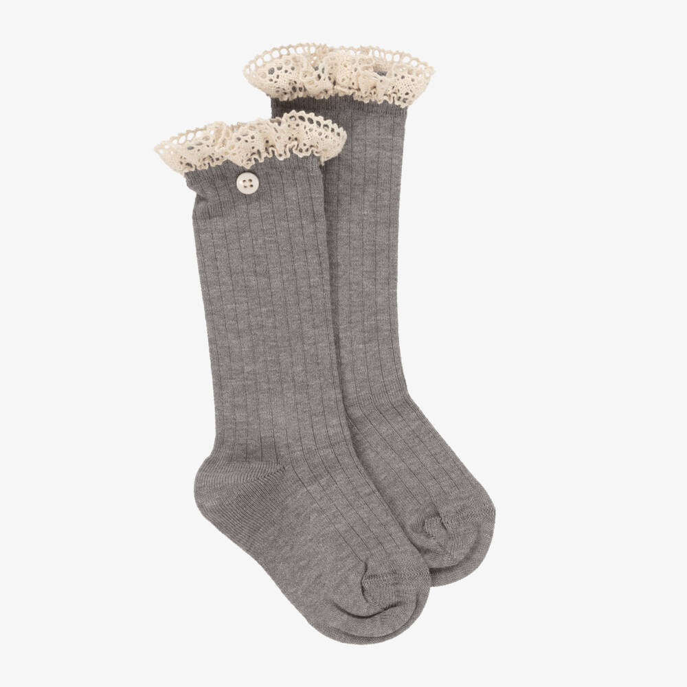 Meia Pata-Girls Grey Knee High Socks with Lace Trim | Childrensalon