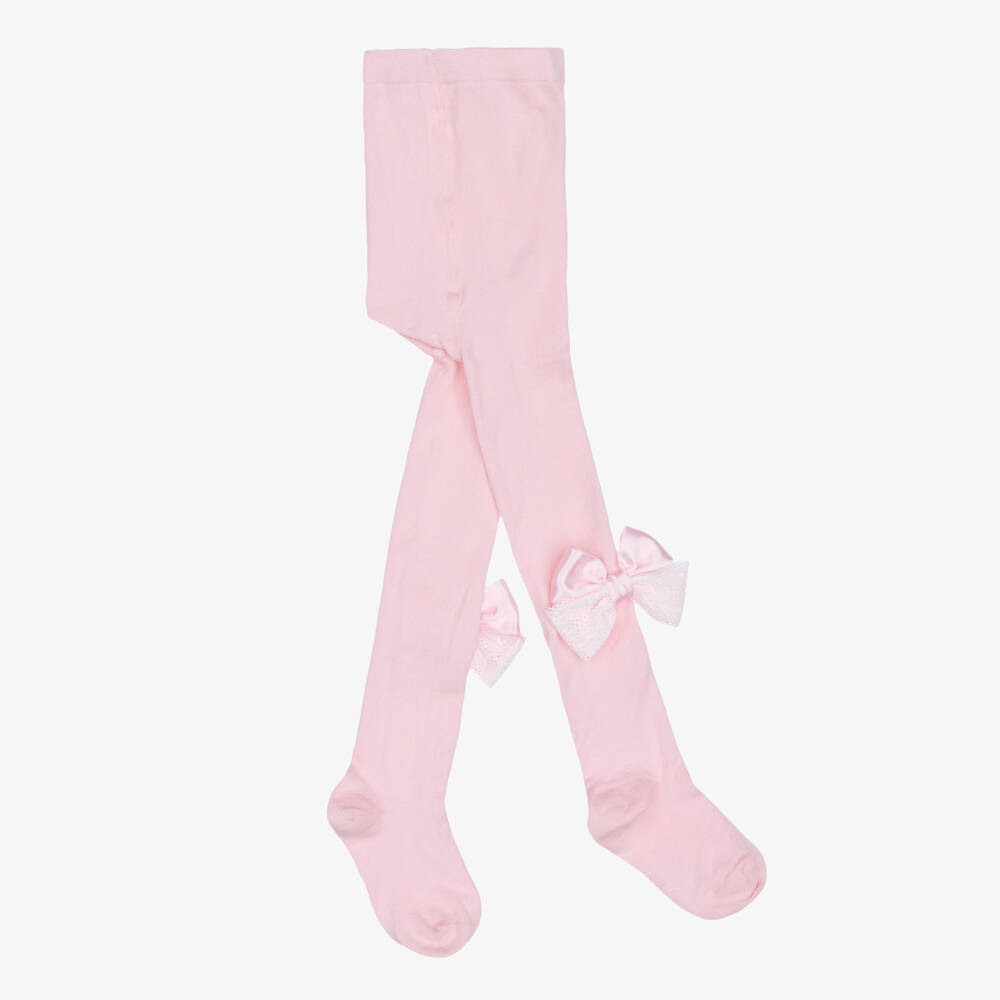 Meia Pata-Girls Pink Tights with Satin & Lace Bows | Childrensalon