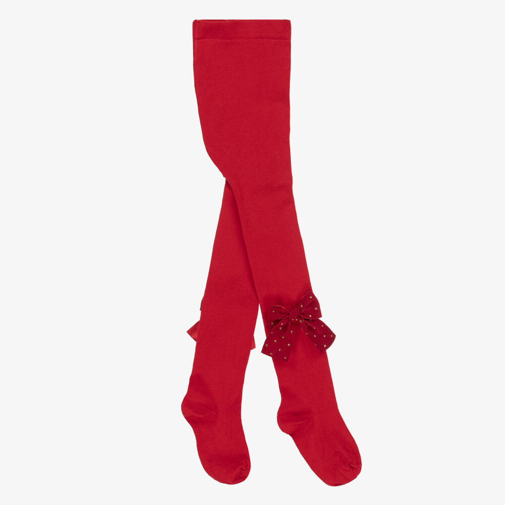 Meia Pata-Girls Red Cotton Tights with Gold Polka Dot Corduroy Bows | Childrensalon