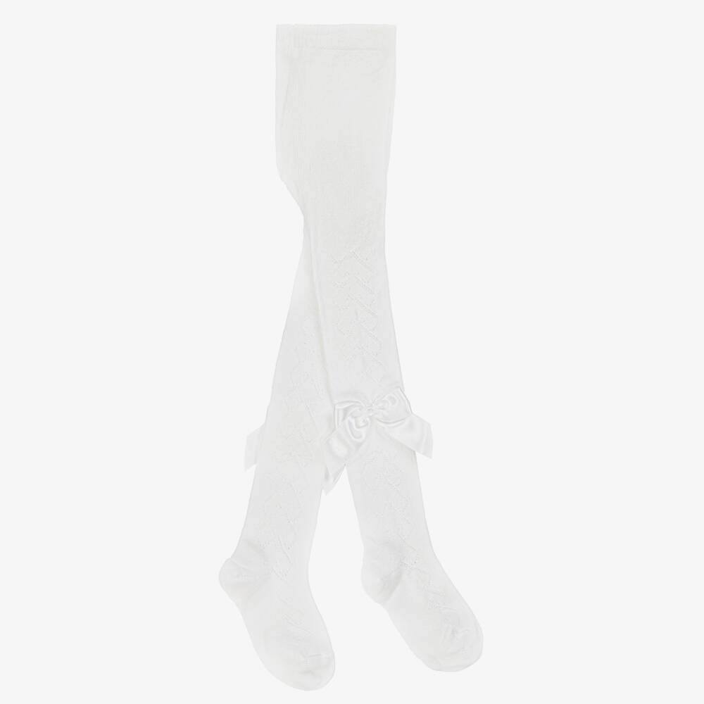 Meia Pata-Girls White Cotton Knit Tights with Hearts & Satin Bow | Childrensalon