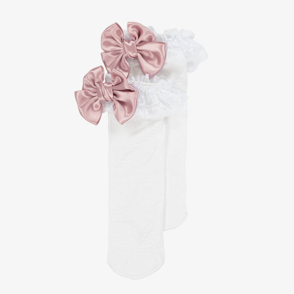 Meia Pata-Girls White Knee High Lace Socks with Bows | Childrensalon