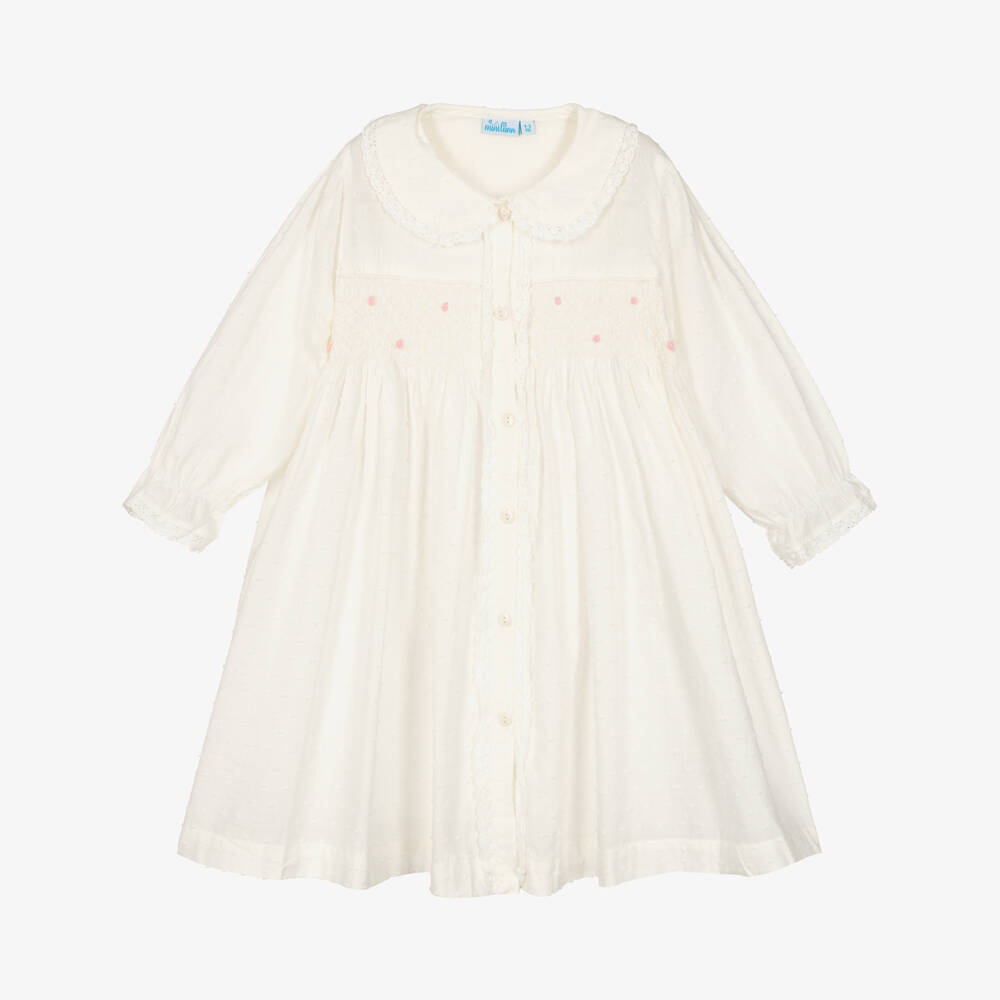 Mini Lunn-Girls Ivory Cotton Smocked Dressing Gown  | Childrensalon