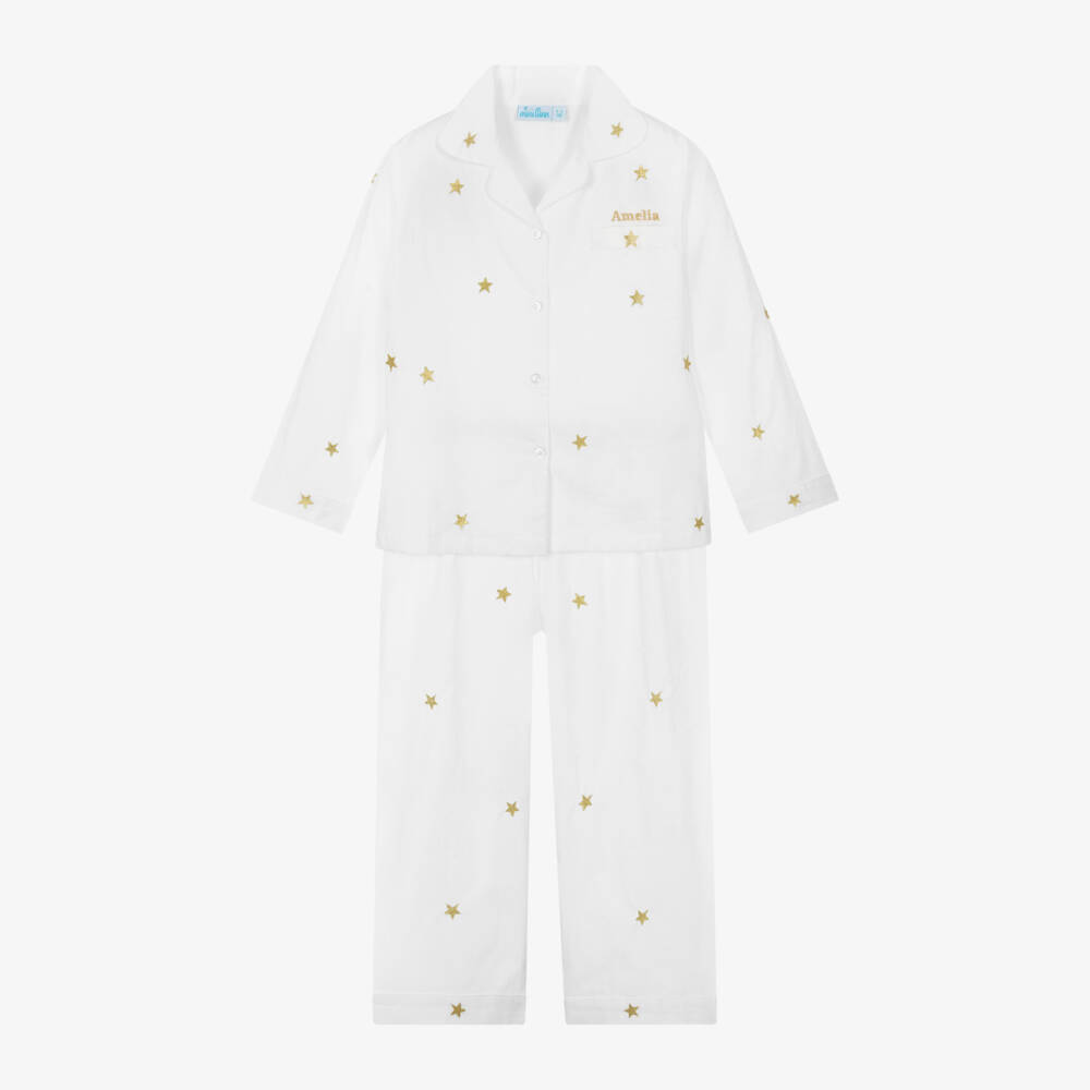 Mini Lunn-Girls Personalised White & Gold Star Cotton Pyjamas | Childrensalon