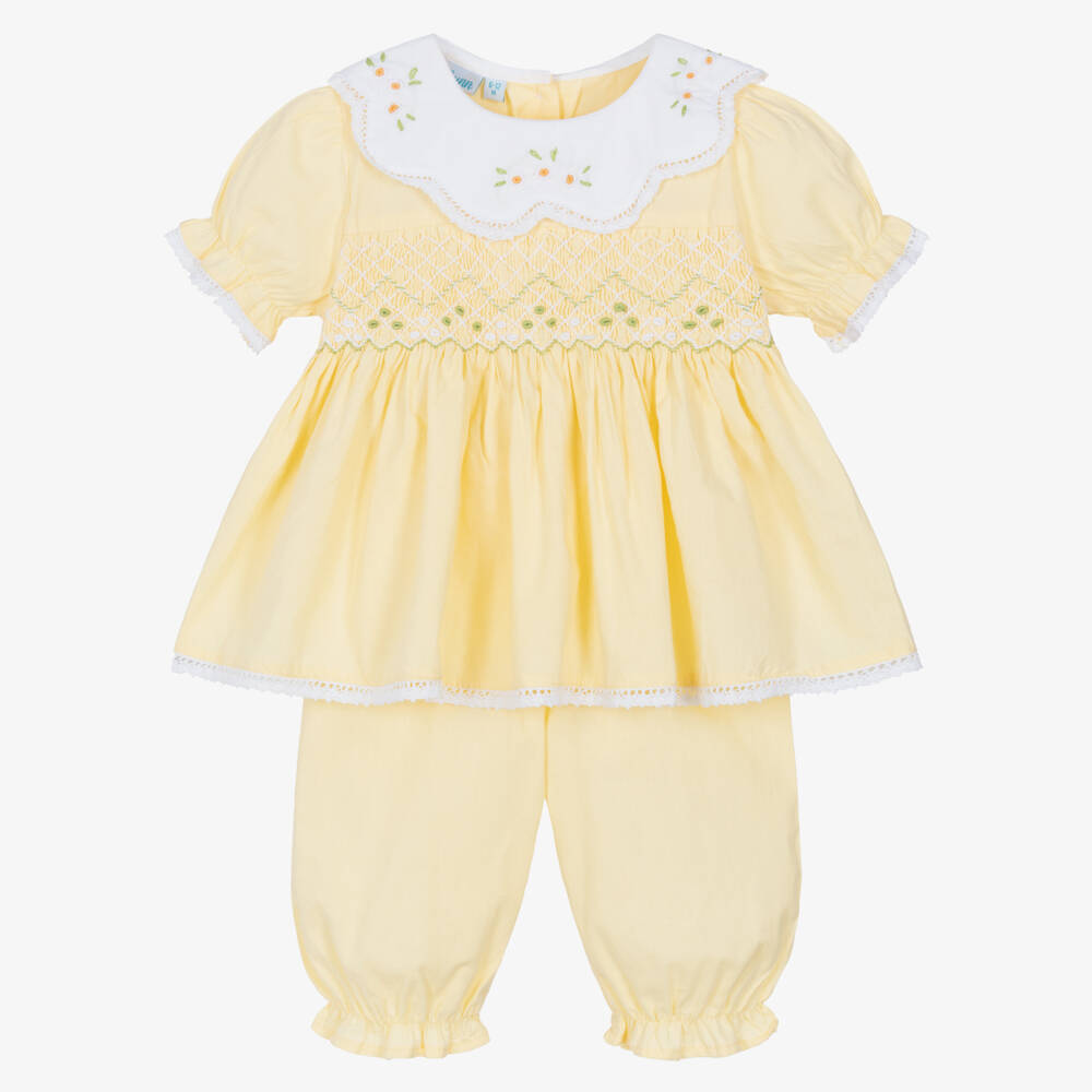 Mini Lunn-Girls Yellow & White Cotton Smocked Pyjamas | Childrensalon