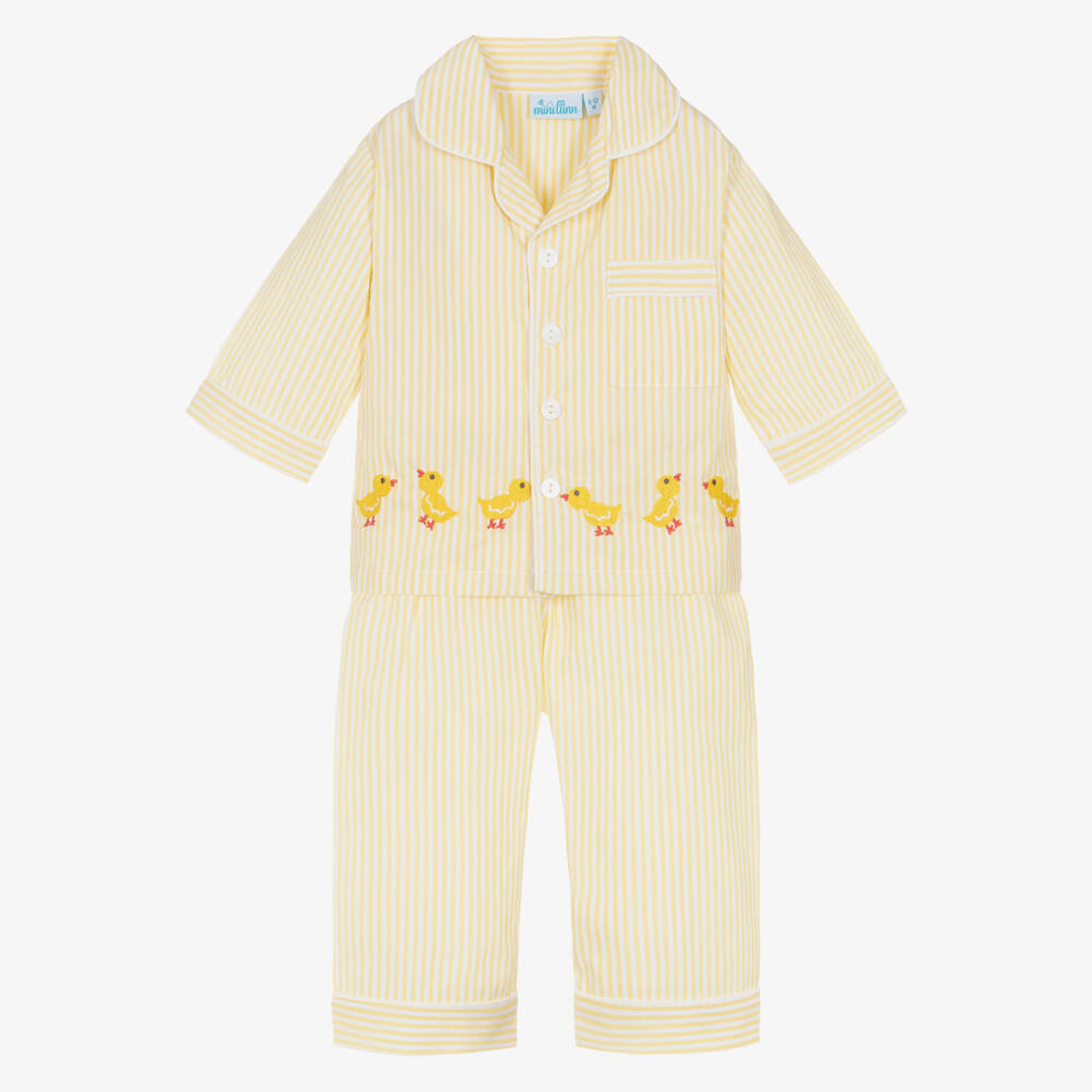 Mini Lunn-Yellow Striped Cotton Pyjamas with Embroidered Chicks | Childrensalon