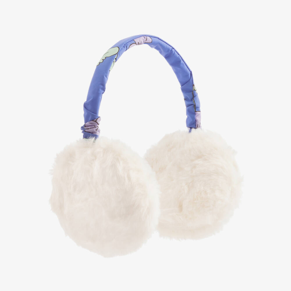 Mini Rodini-Girls Blue Faux Fur Earmuffs with Viola Print | Childrensalon