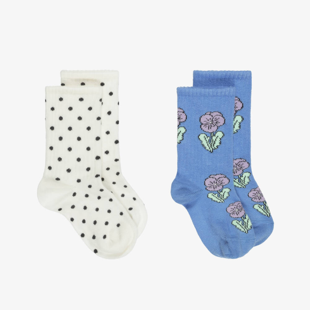 Mini Rodini-Girls Ivory & Blue Flower Socks (2 Pack) | Childrensalon