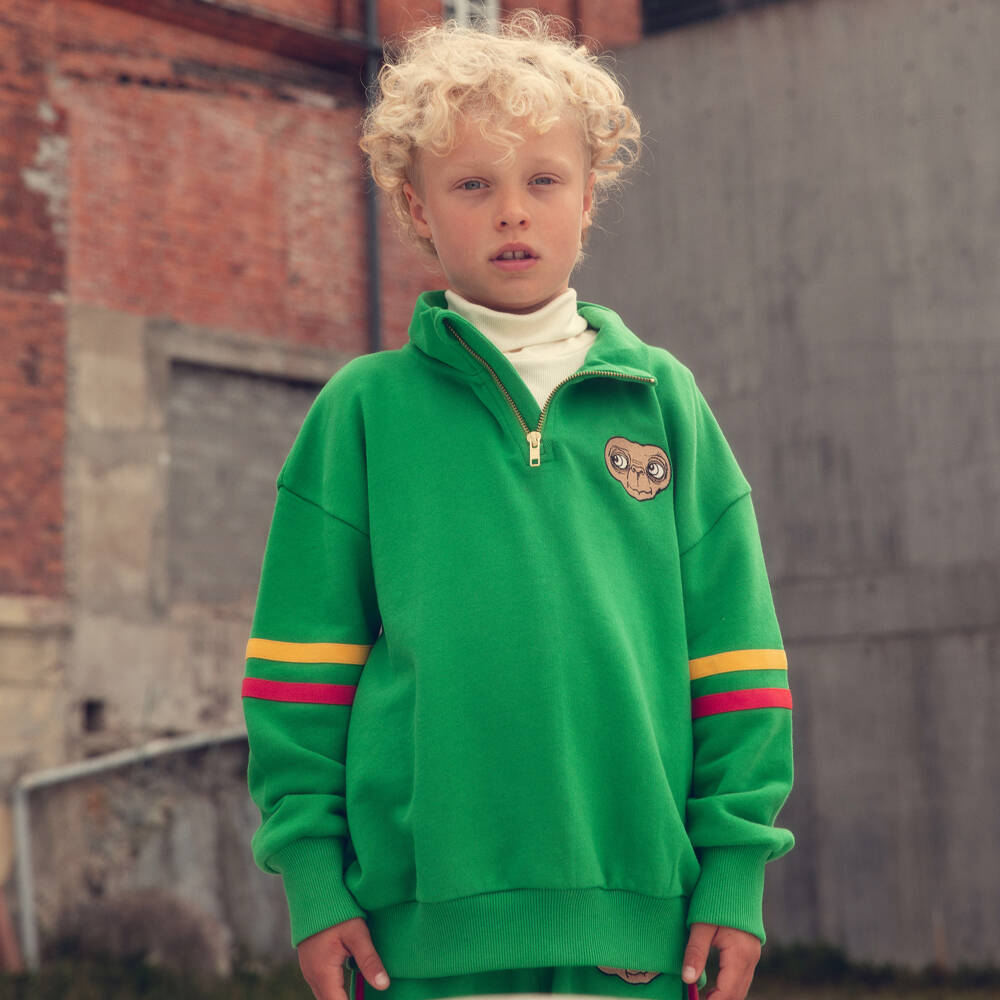 Mini Rodini-Green Cotton Quarter Zip Sweatshirt with Embroidered E.T. | Childrensalon