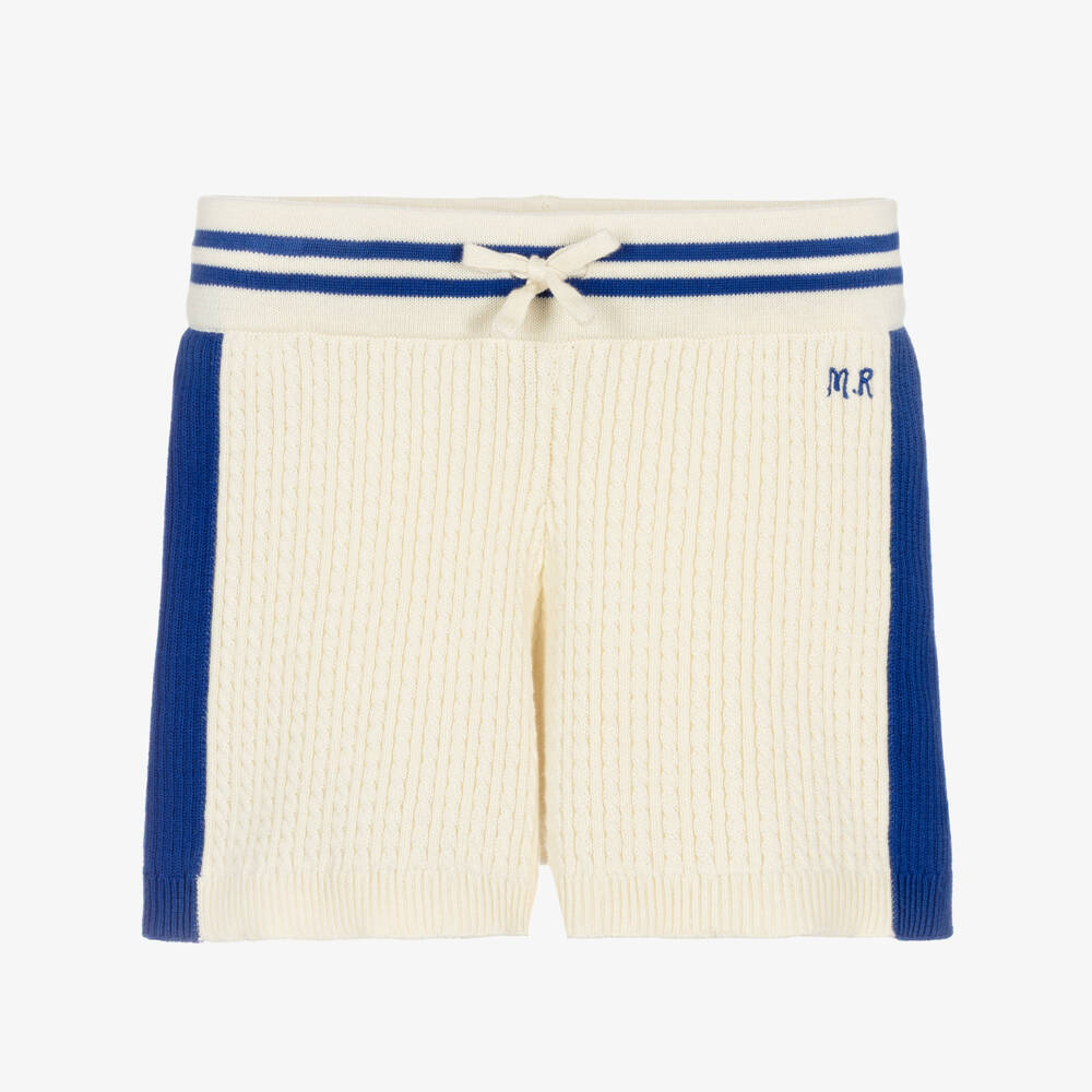Mini Rodini-Ivory Cotton Cable Knit Shorts with Blue Trim | Childrensalon