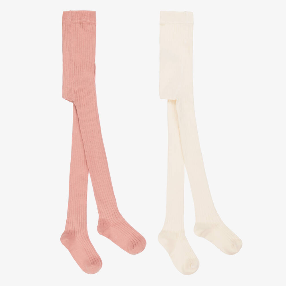 Minymo-Girls Pink & Ivory Knitted Cotton Tights (2 Pack) | Childrensalon