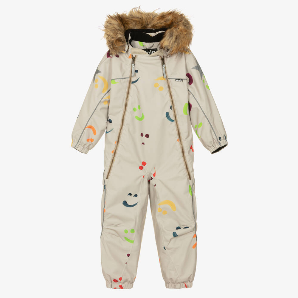 Molo-Beige Hooded Snowsuit with Colourful Smile Print | Childrensalon