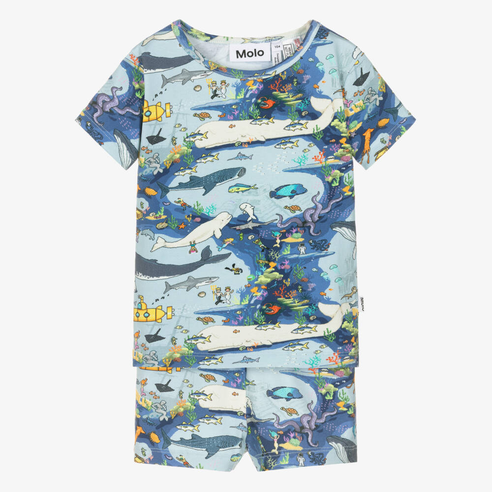 Molo-Blue Organic Cotton Sea Life Print Short Pyjamas | Childrensalon