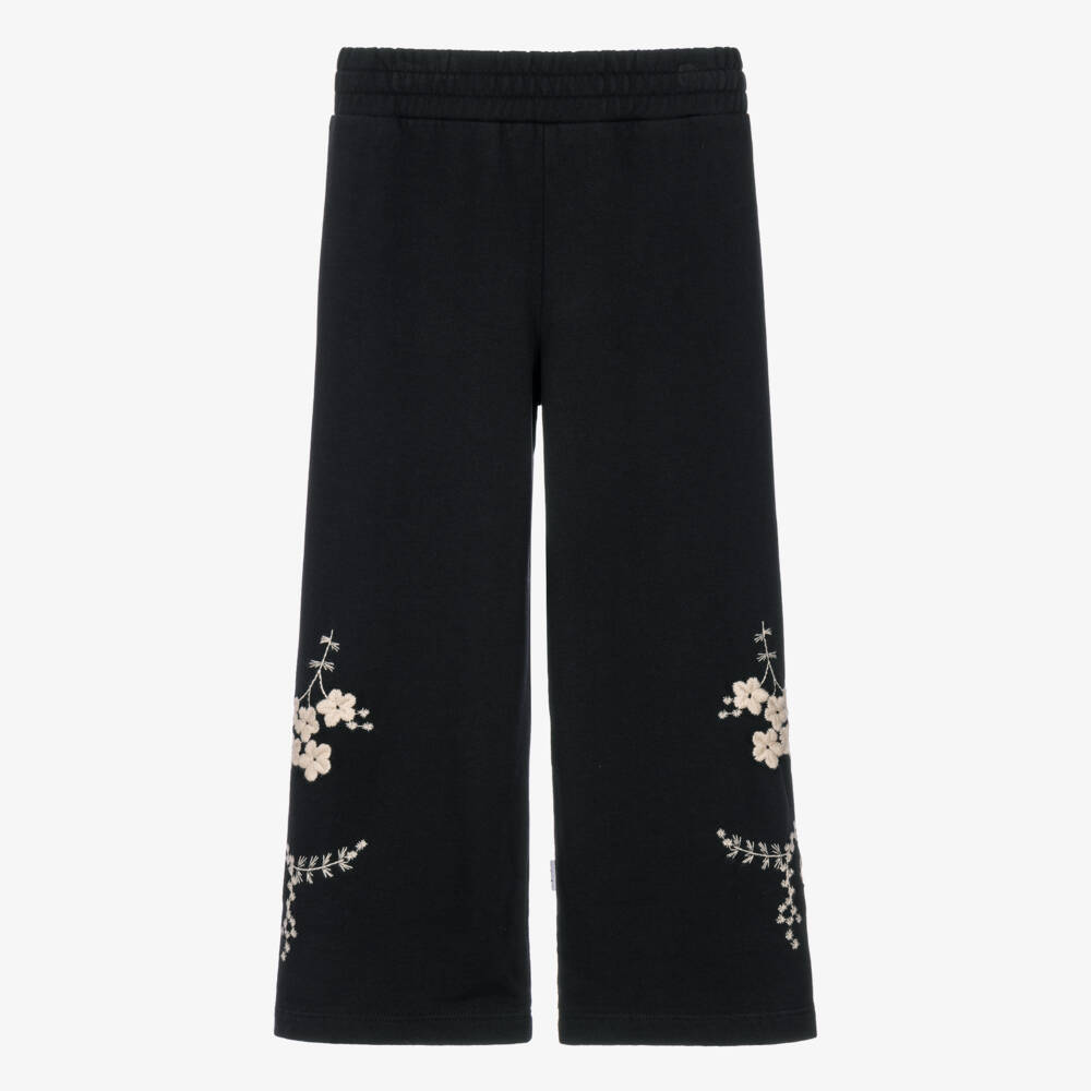 Molo-Girls Black Joggers with Embroidered Ivory Flowers | Childrensalon