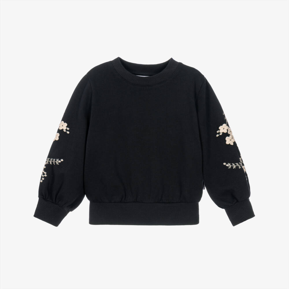 Molo-Girls Black Sweatshirt with Embroidered Ivory Flowers | Childrensalon