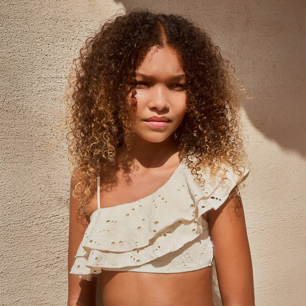 Molo-Girls Ivory Butterfly Jacquard Ruffle Bikini (UPF50+) | Childrensalon