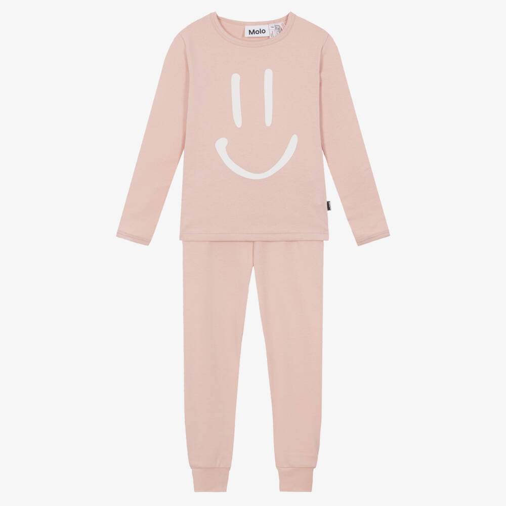 Molo-Girls Pink Smiling Face Long Pyjamas in Organic Cotton | Childrensalon