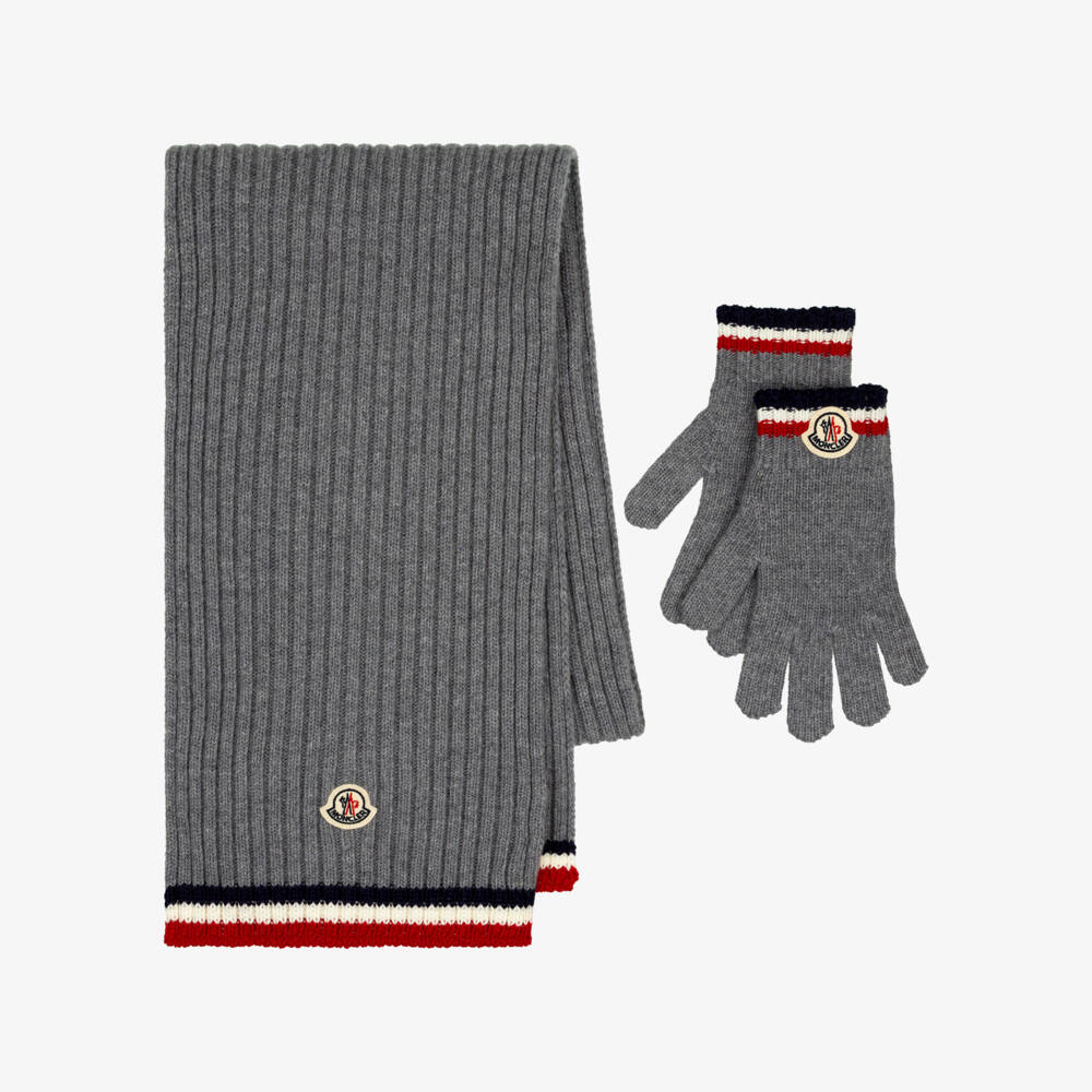 Moncler Enfant-Boys Grey Wool Gloves & Scarf Set | Childrensalon