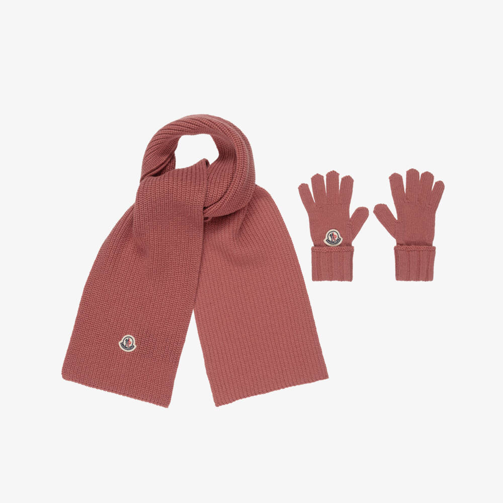 Moncler Enfant-Girls Pink Wool Knitted Scarf & Gloves Set | Childrensalon