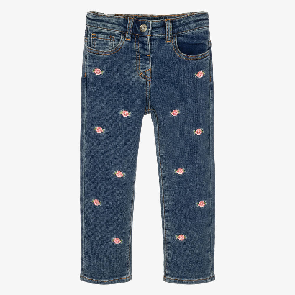 Monnalisa-Girls Blue Denim Jeans with Embroidered Pink Roses | Childrensalon