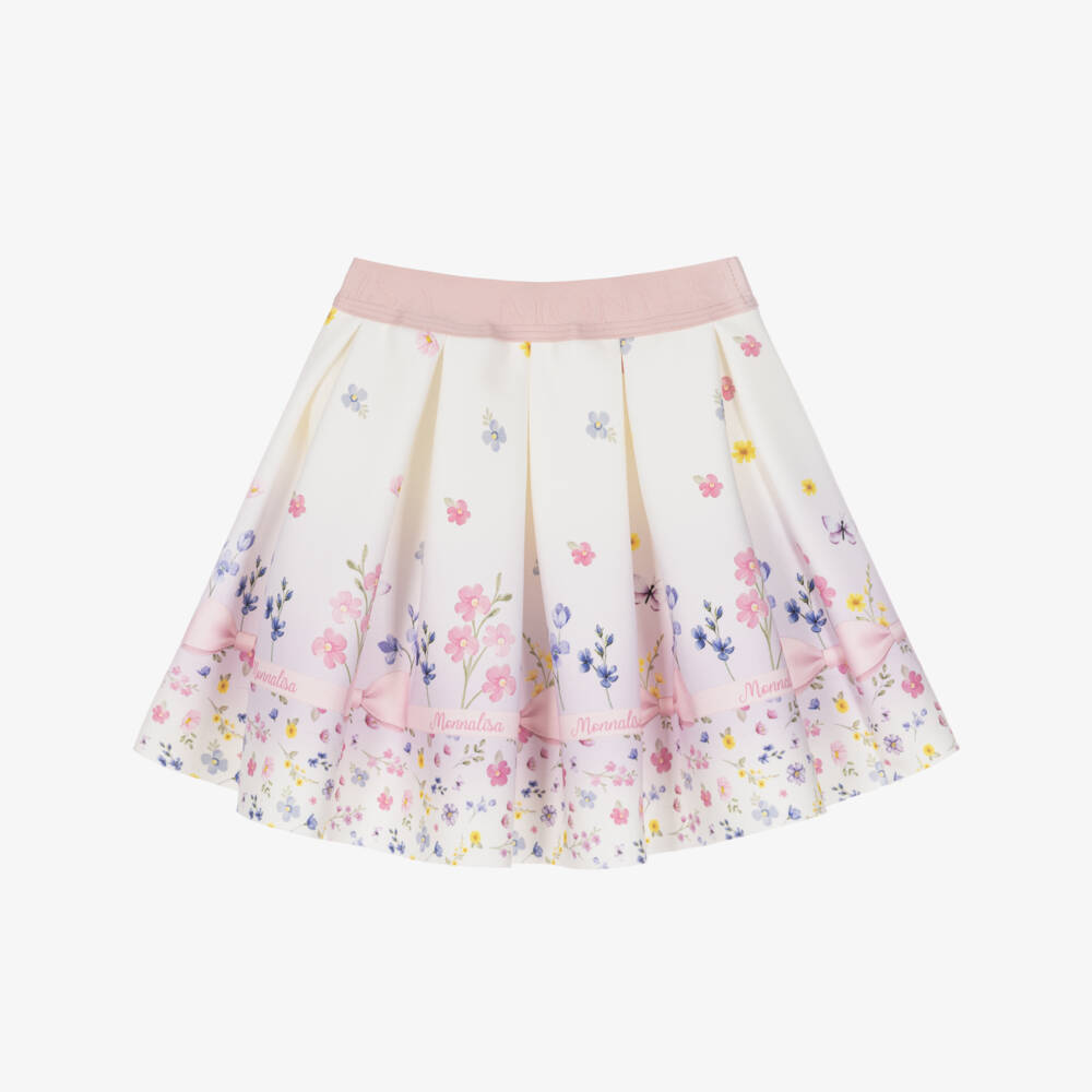 Monnalisa-Girls Ivory & Pink Flower Print Jersey Skirt | Childrensalon