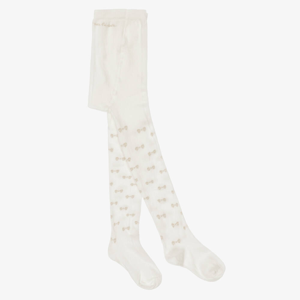 Monnalisa-Girls Ivory Tights with Sparkly Gold Bows | Childrensalon