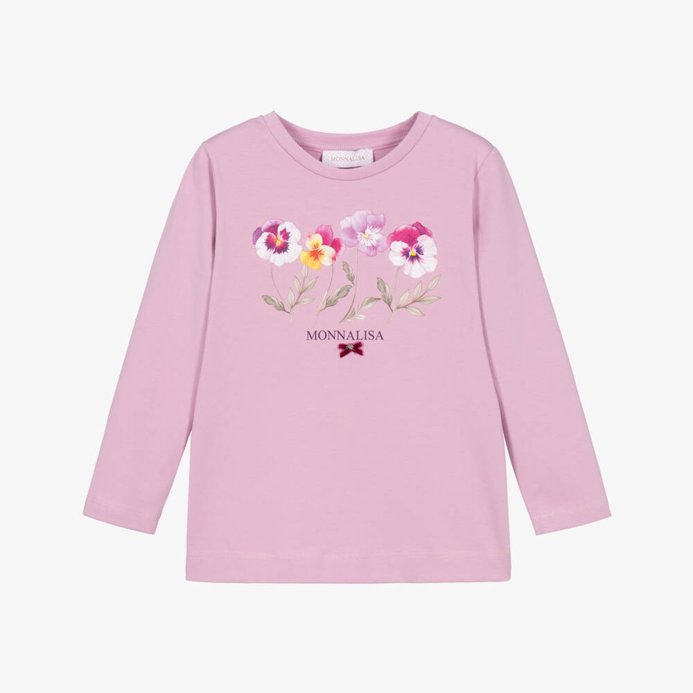 Monnalisa-Girls Lilac Cotton Top with Pansy Motif | Childrensalon
