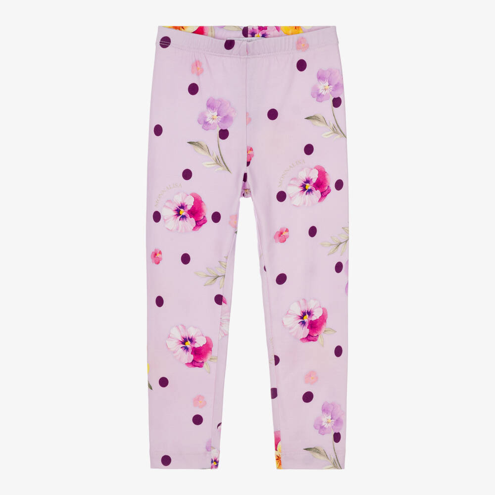 Monnalisa-Girls Lilac Pansy Print Cotton Leggings | Childrensalon
