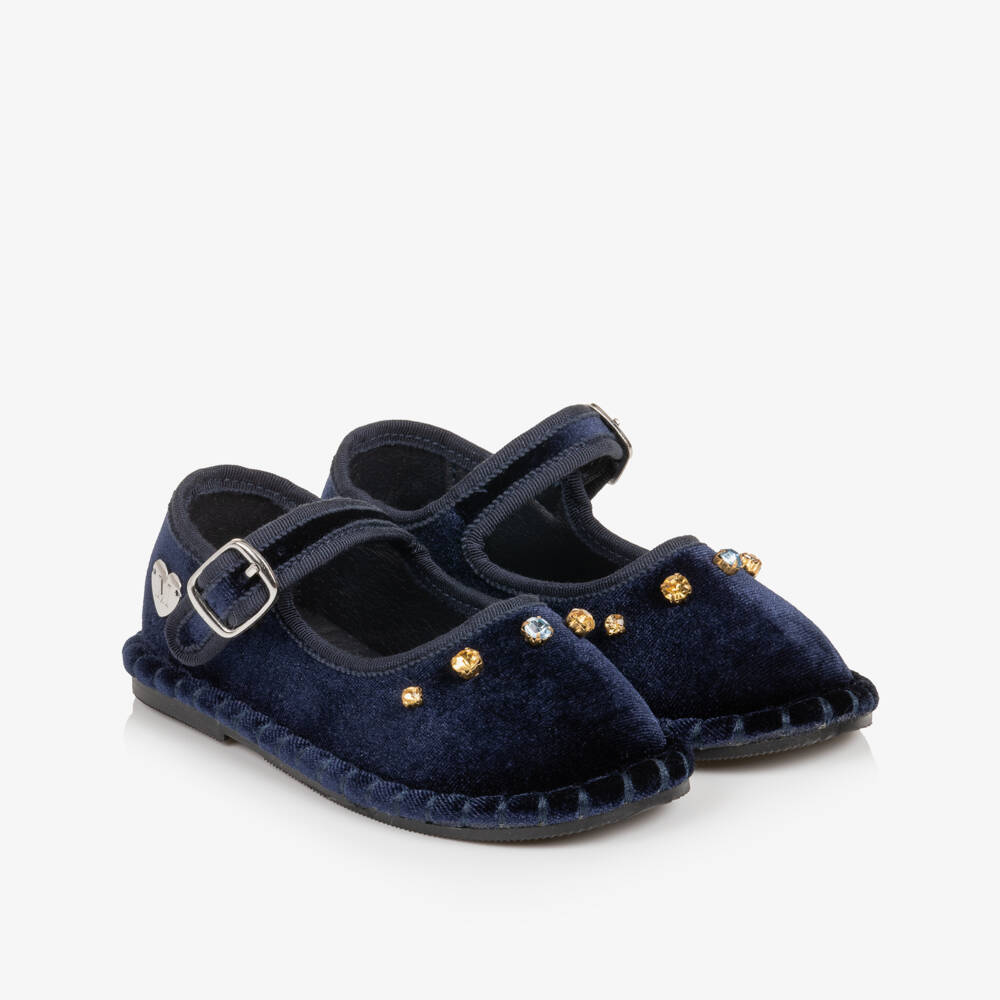 Monnalisa-Girls Navy Blue Velvet Shoes with Rhinestones | Childrensalon