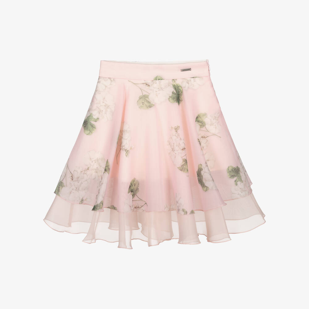 Monnalisa Chic-Girls Pink Floral Organza Tiered Skirt | Childrensalon