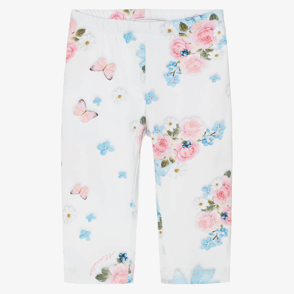 Monnalisa-Girls White Cotton Jersey Leggings with Floral Print | Childrensalon
