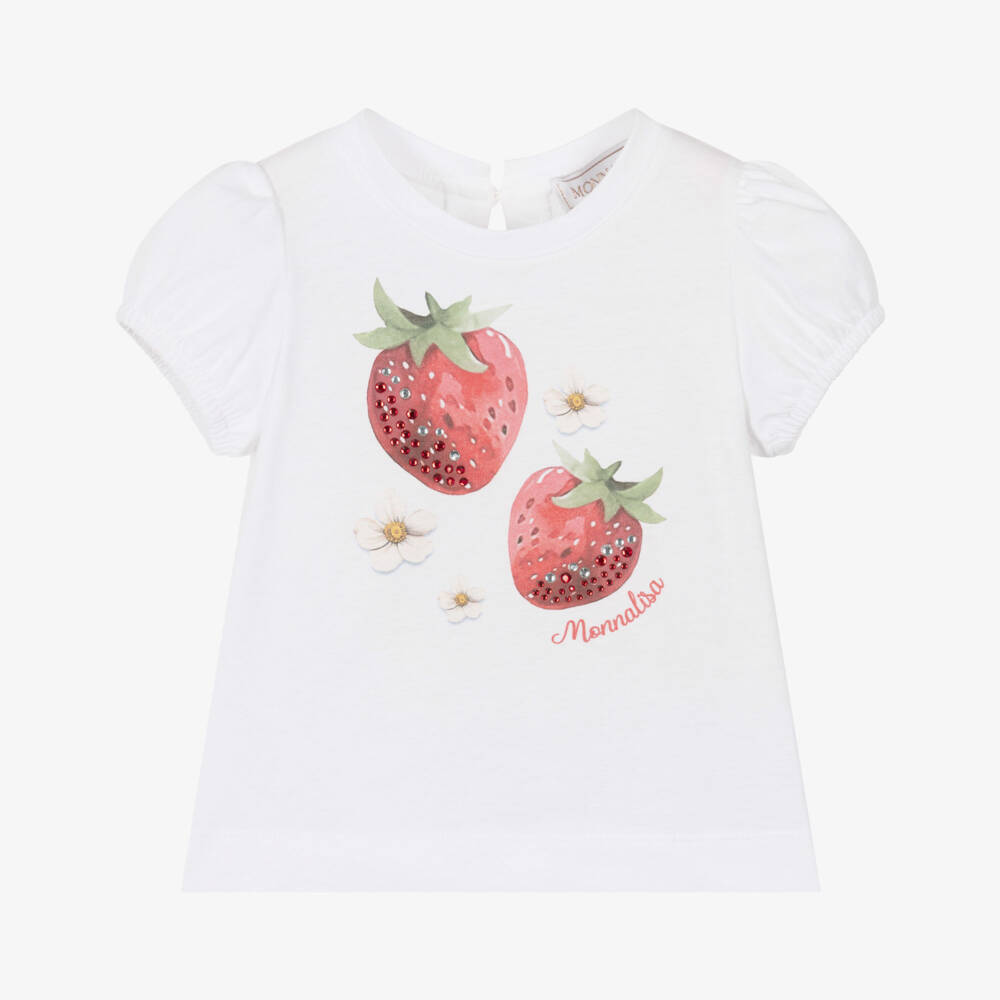 Monnalisa-Girls White Cotton Strawberries T-Shirt | Childrensalon