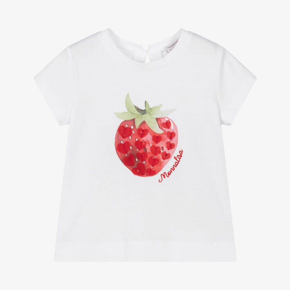 Monnalisa-Girls White Cotton Strawberry T-Shirt with Heart Appliqués | Childrensalon