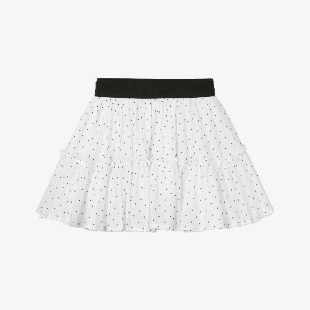 Monnalisa-Girls White Cotton Voile Skirt with Black Polka Dots | Childrensalon