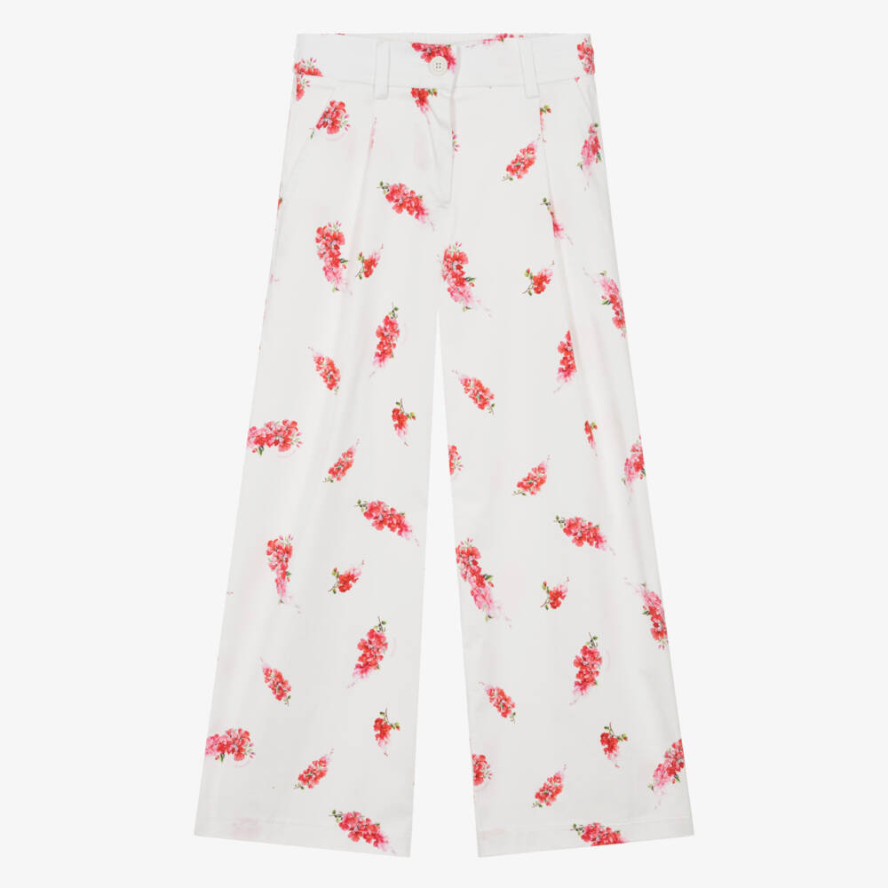 Monnalisa Chic-Girls White & Pink Floral Print Cotton Wide-Leg Trousers | Childrensalon