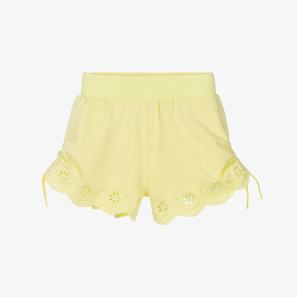Monnalisa-Girls Yellow Cotton Jersey Broderie Anglaise Shorts | Childrensalon