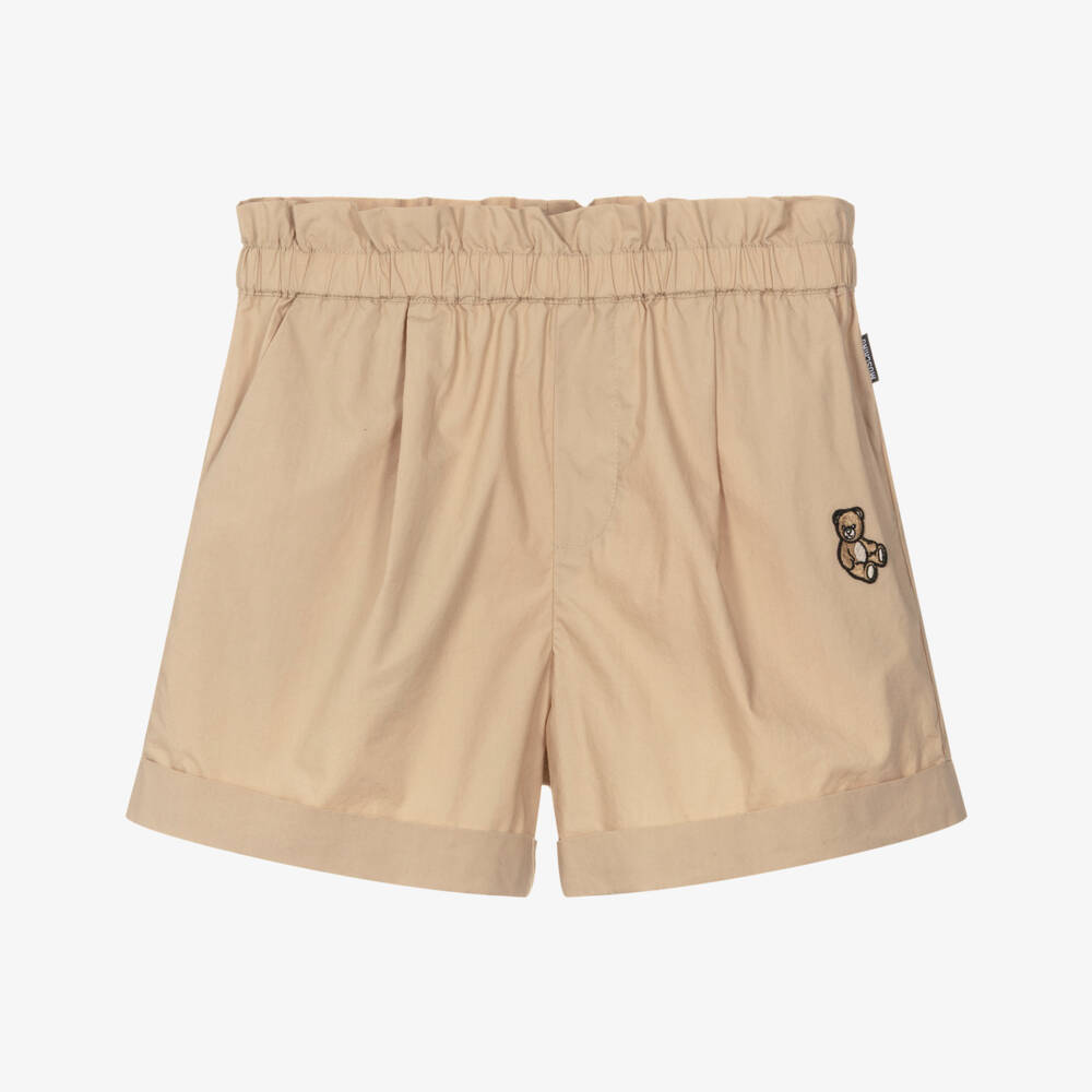 Moschino-Girls Beige Poplin Shorts with Teddy Bear Patch | Childrensalon