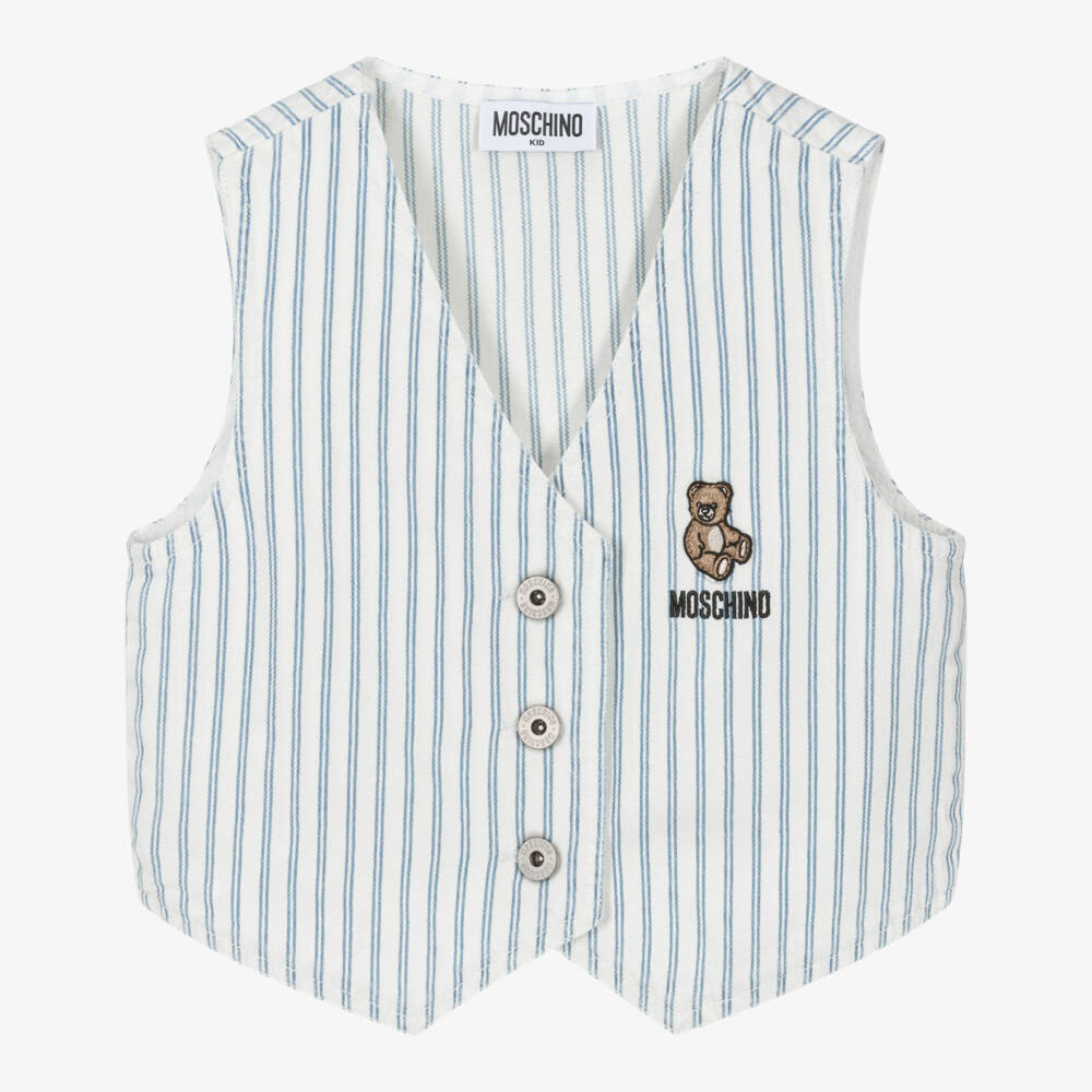 Moschino-Girls Blue & White Striped Denim Waistcoat | Childrensalon