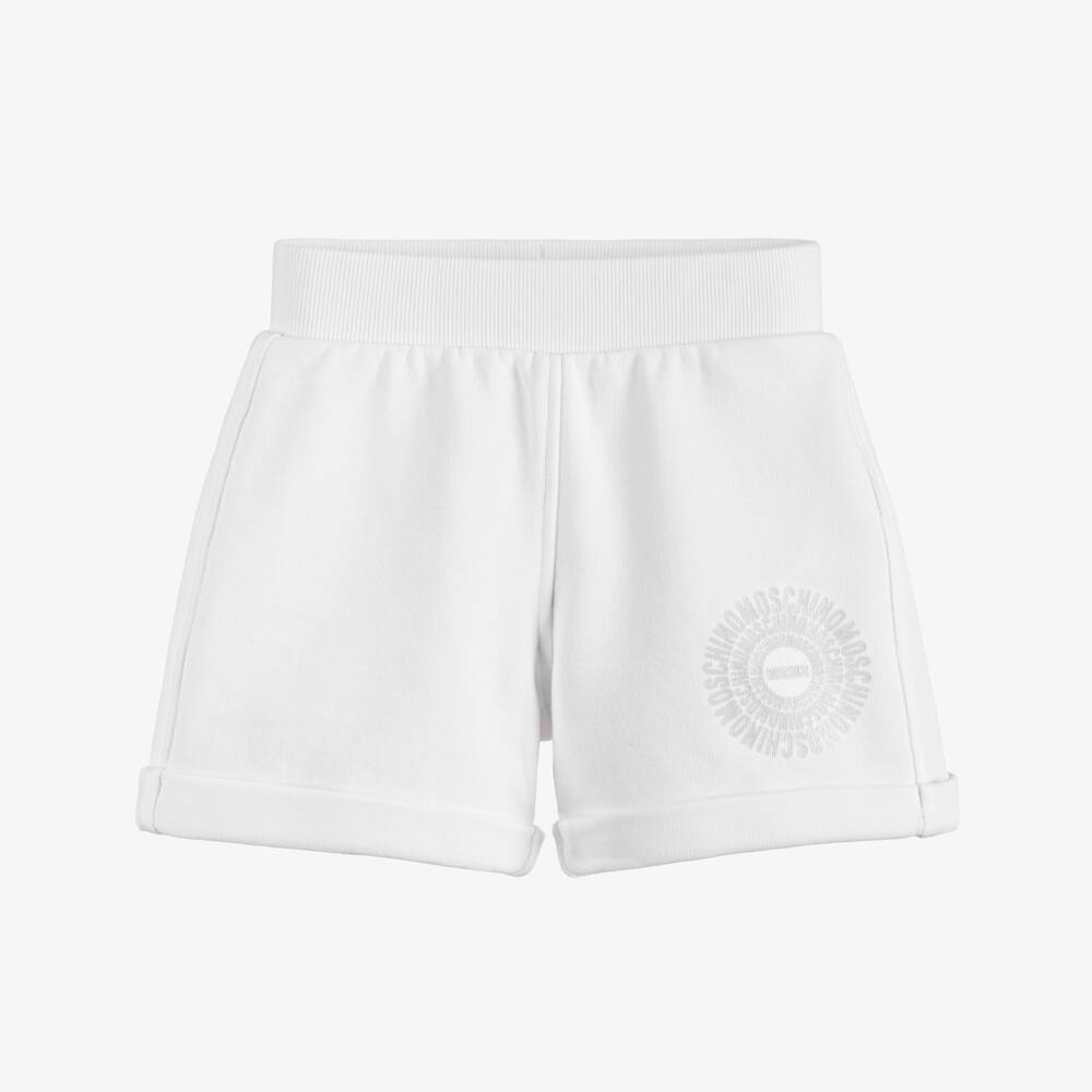 Moschino-Girls White Cotton Jersey Shorts with Tonal Circle Logo | Childrensalon