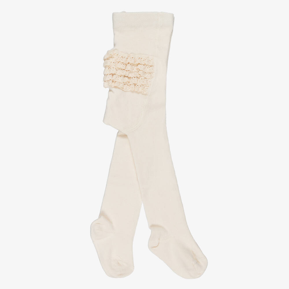 NaturaPura-Baby Girls Ivory Cotton Tights with Lacy Ruffles | Childrensalon