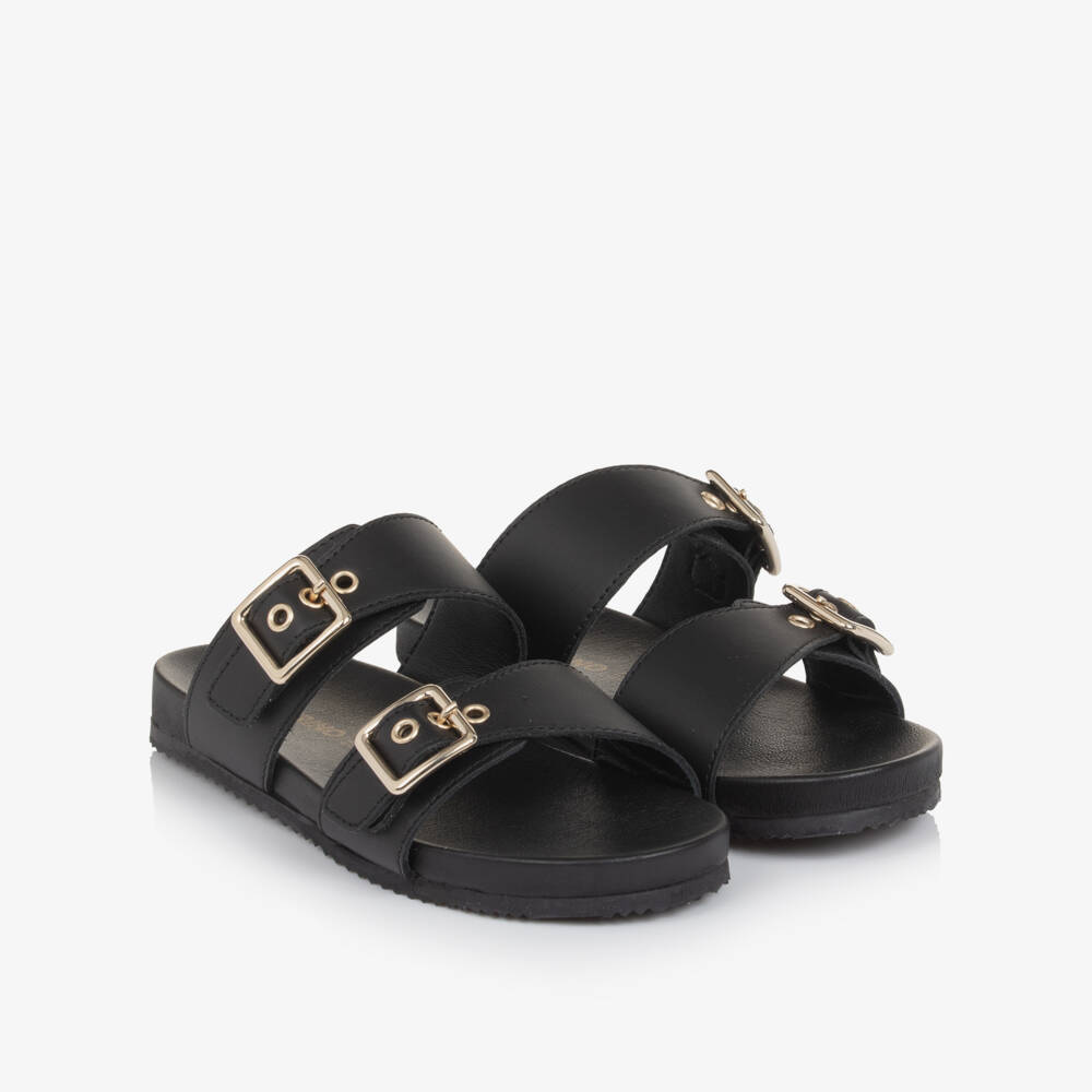 Naturino-Girls Black Leather Sliders with Gold Buckles | Childrensalon